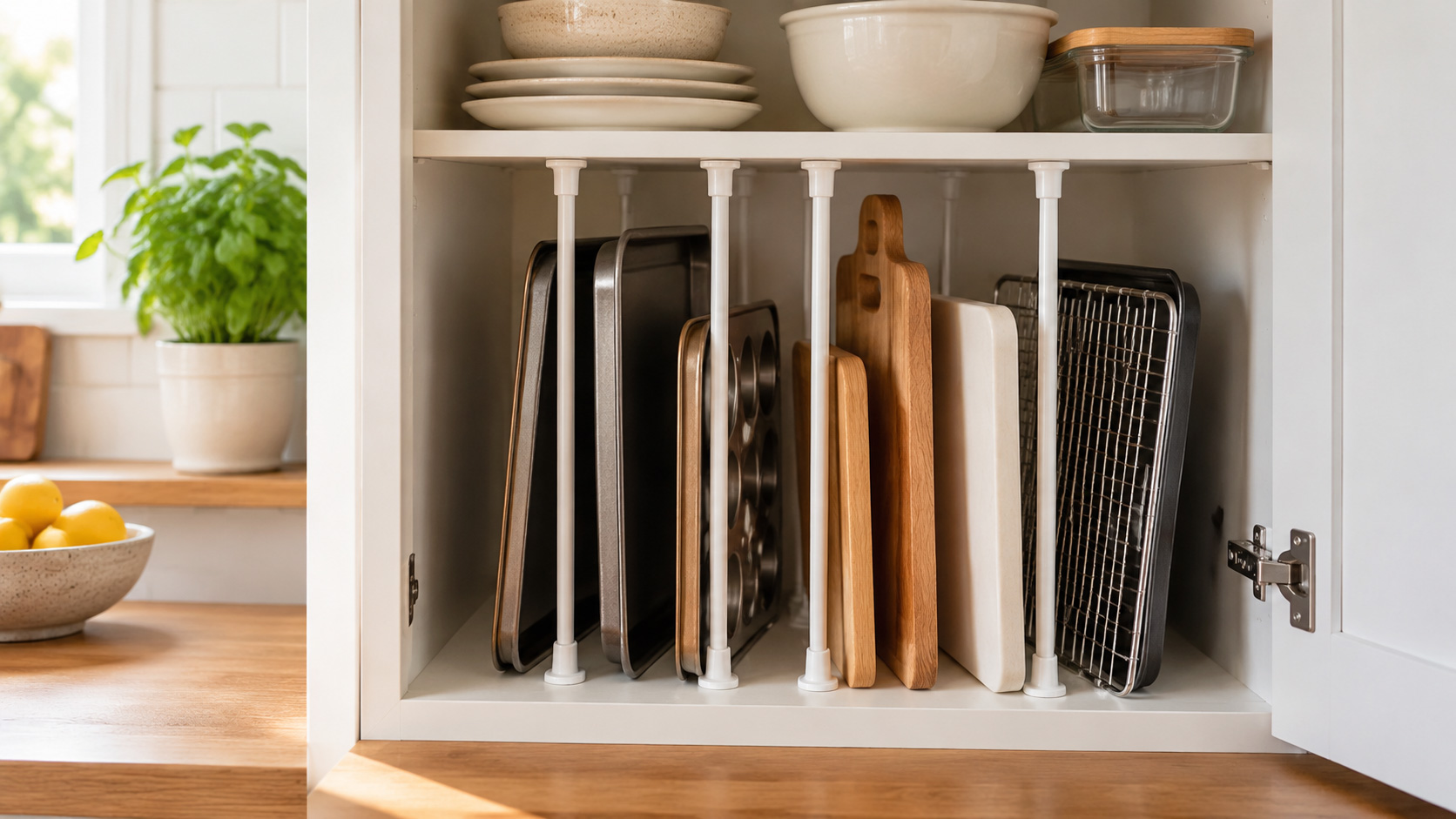 Kitchen cabinet using tension-supported dividers to organize baking sheets and cutting boards.