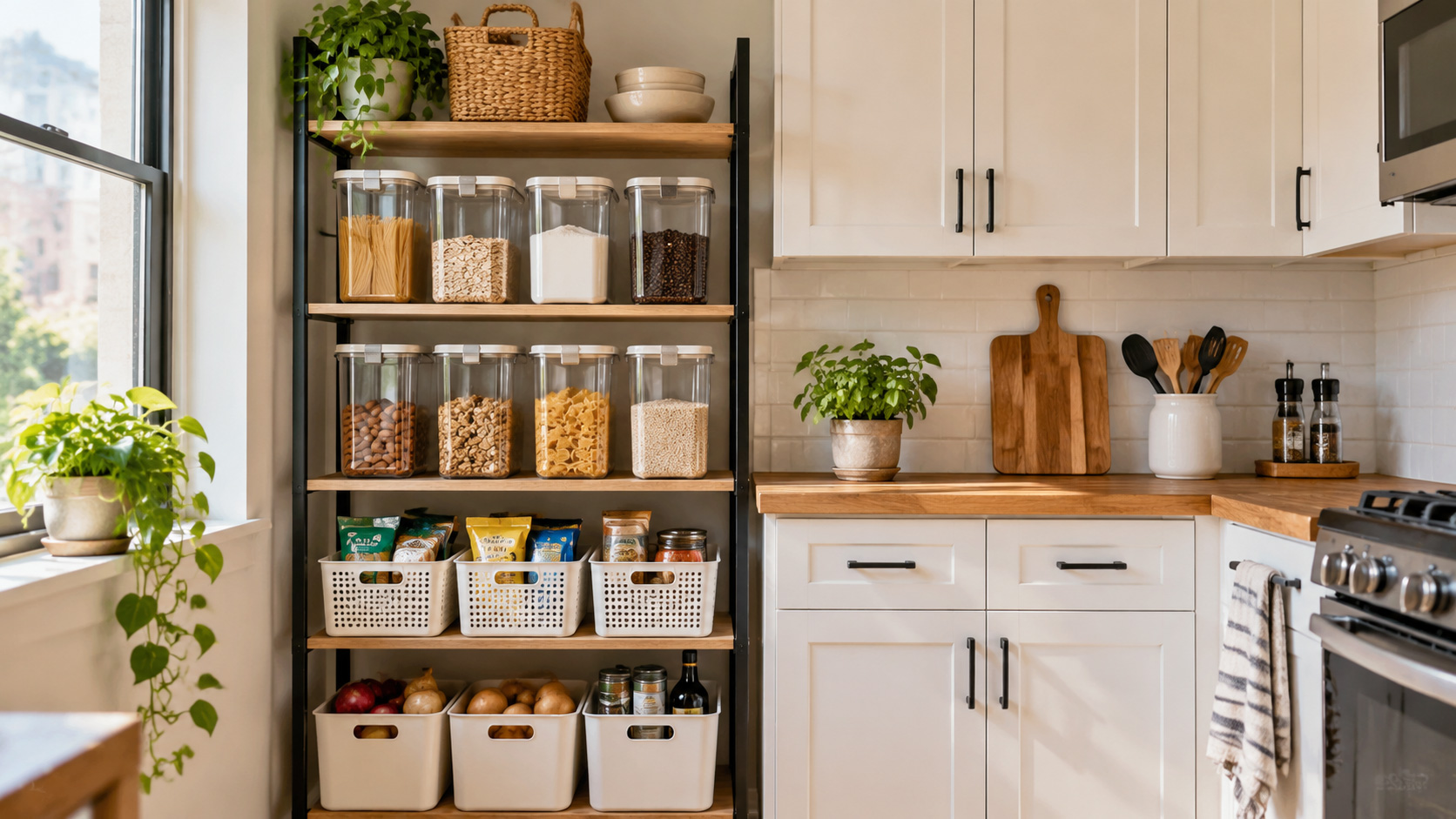Stackable clear storage bins organizing dry food and kitchen supplies in a small apartment kitchen.
