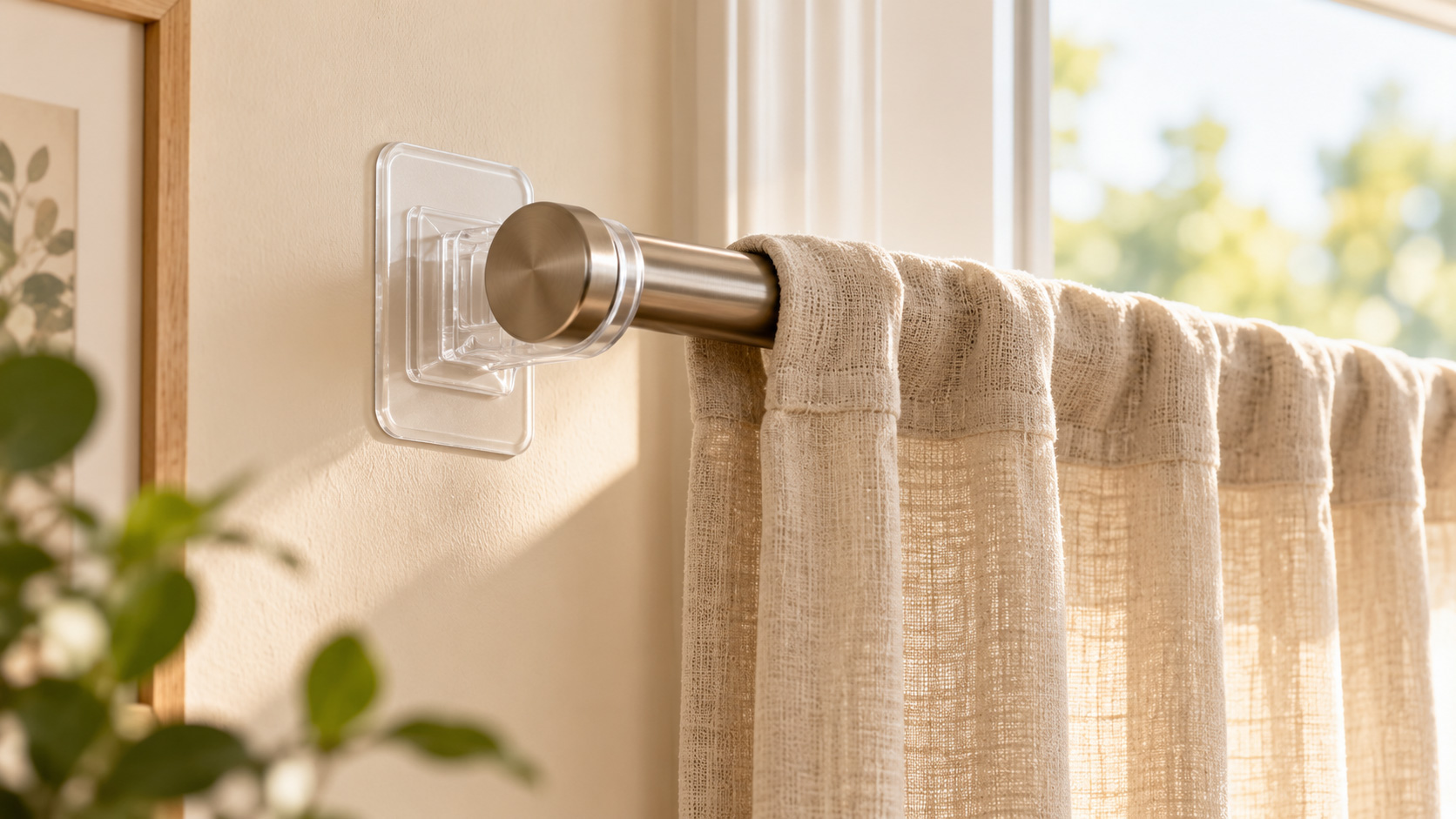 Transparent adhesive curtain rod holder supporting a metal rod and beige curtains on a smooth wall.