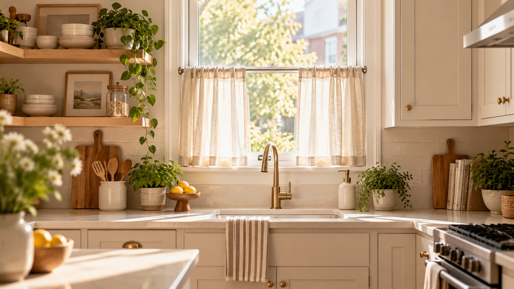 Short beige cafe curtains covering the lower portion of a kitchen window above a sink in a bright farmhouse kitchen.