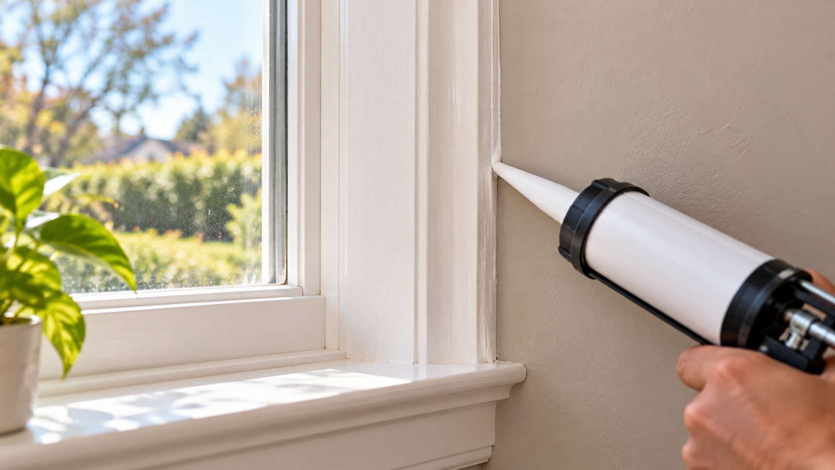 A neat bead of paintable caulk being applied to a small stationary gap between interior window trim and the wall.