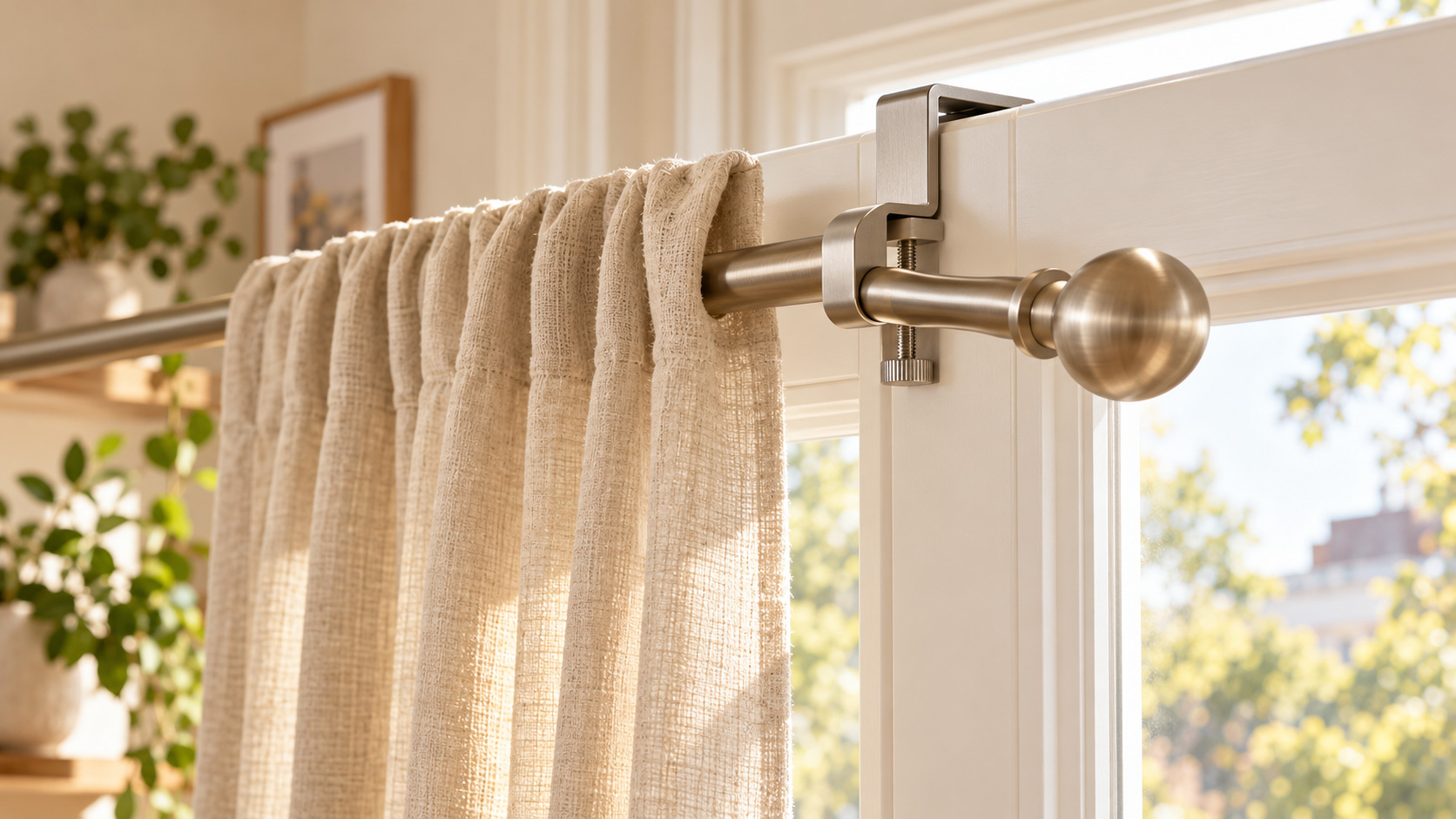Clamp-on curtain rod bracket fitted over a white window frame and supporting beige linen curtains.