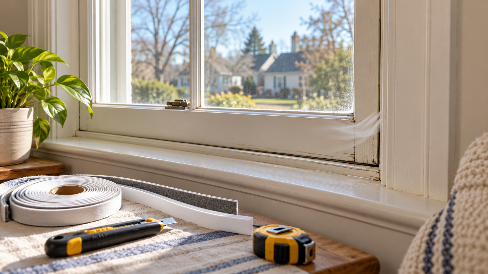 Close-up of an older residential window with a visible gap at the sash and weatherstripping ready for repair.