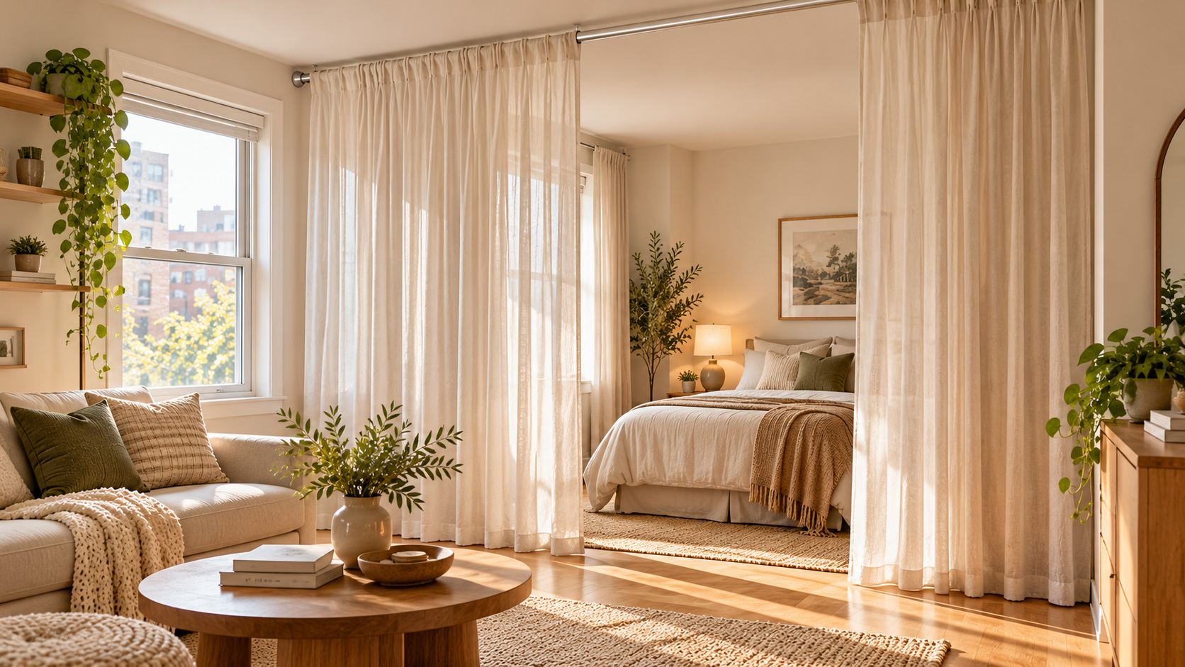 Full-length sheer curtains separating the living and sleeping areas of a small studio apartment.