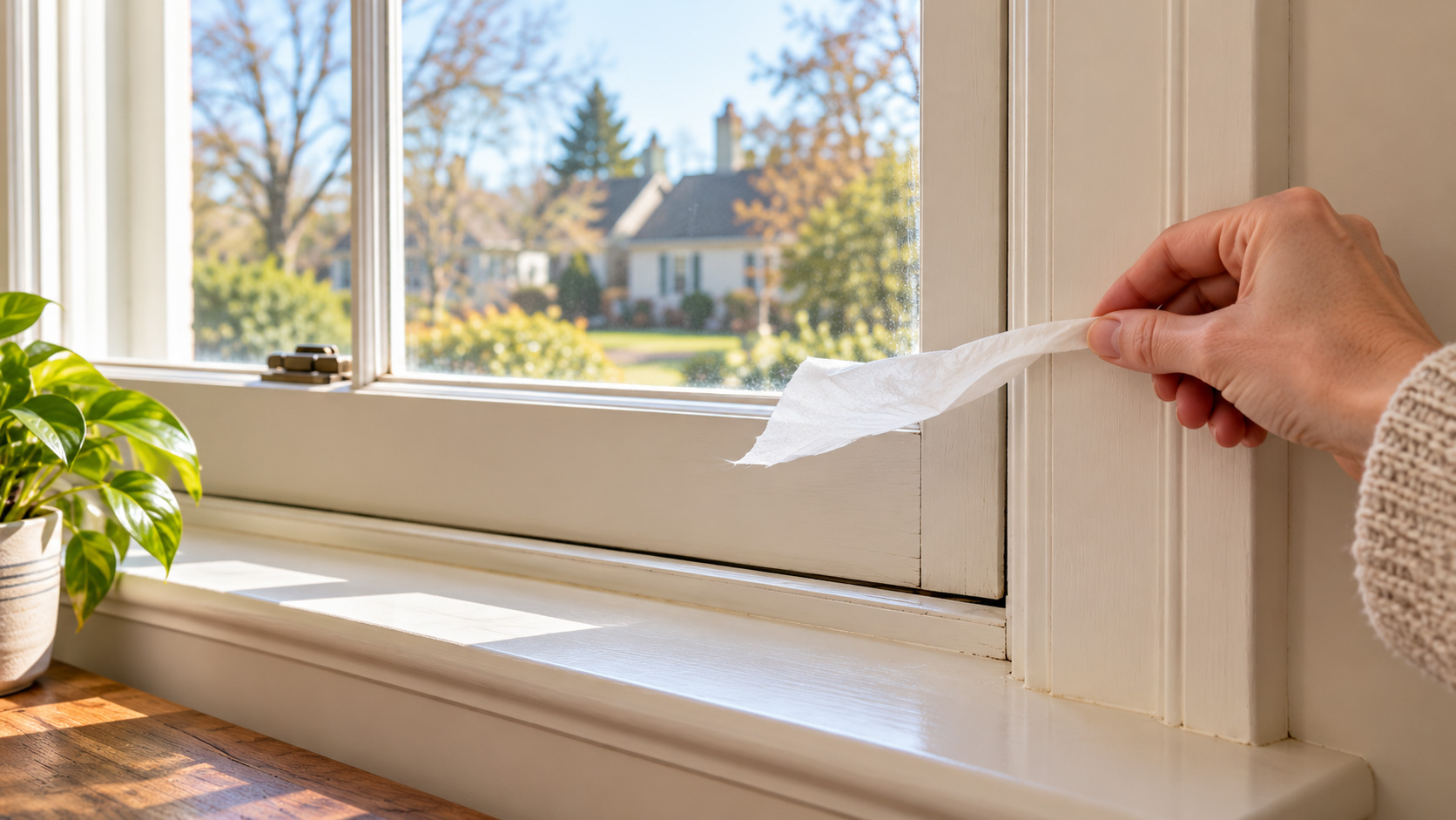 A homeowner holding a narrow strip of tissue near the edge of a closed window to check for moving air.