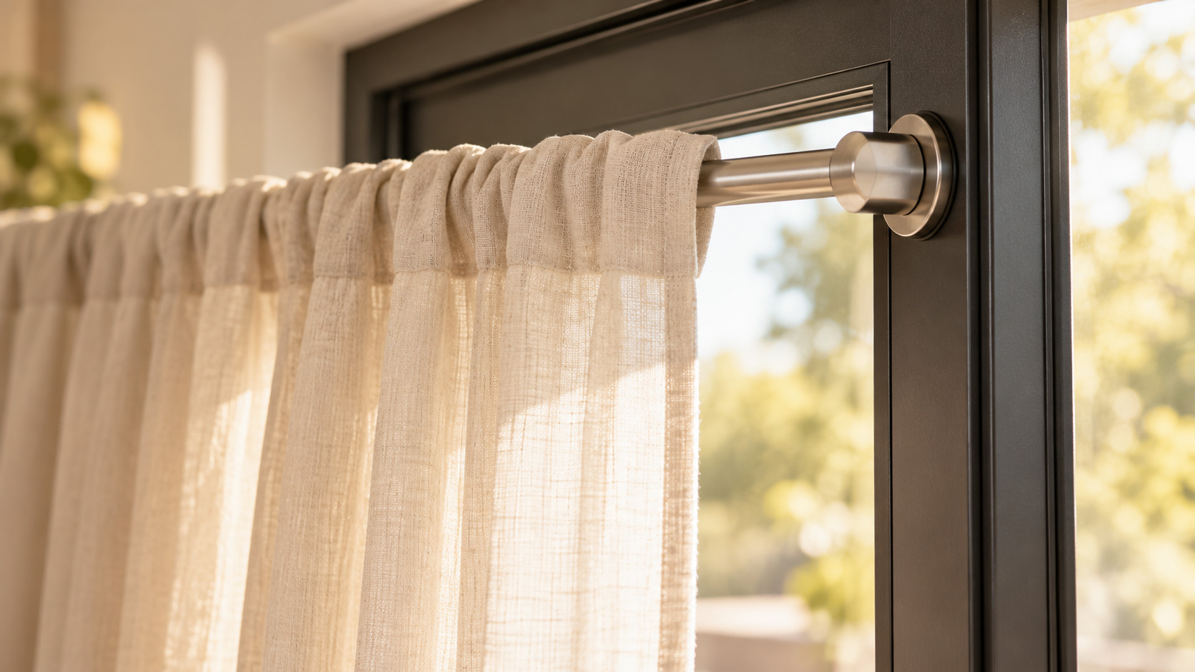 Beige linen curtain hanging from a metal rod attached to a dark metal window frame.