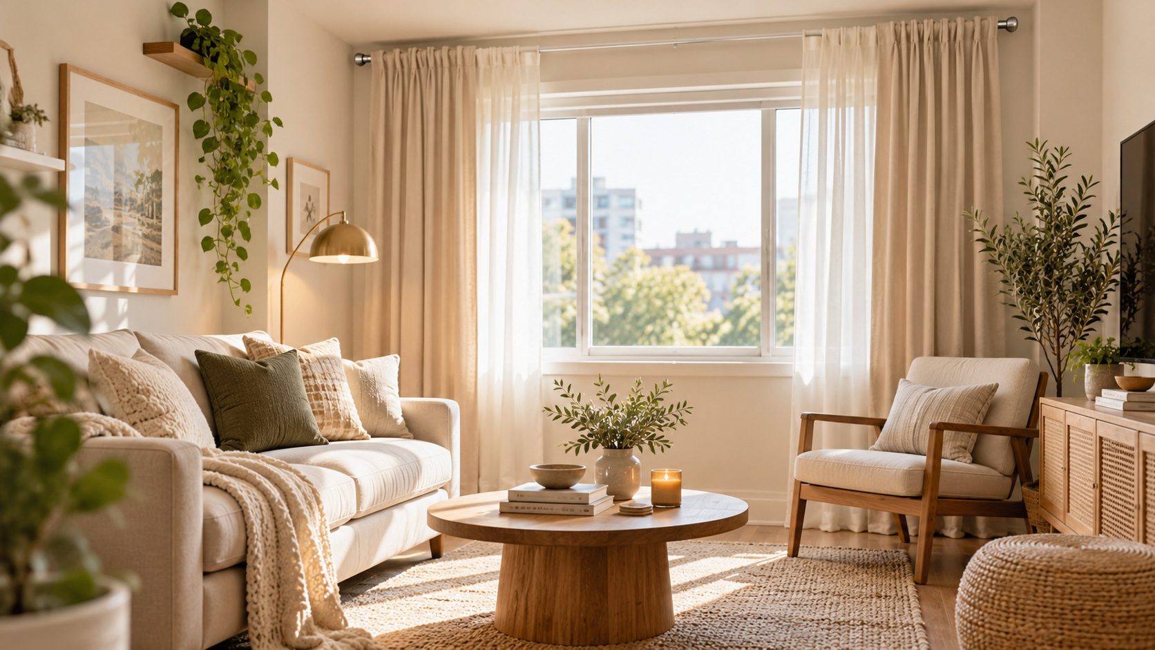 Bright living room with beige curtains, natural wood furniture, and a large window in a warm Scandinavian interior.