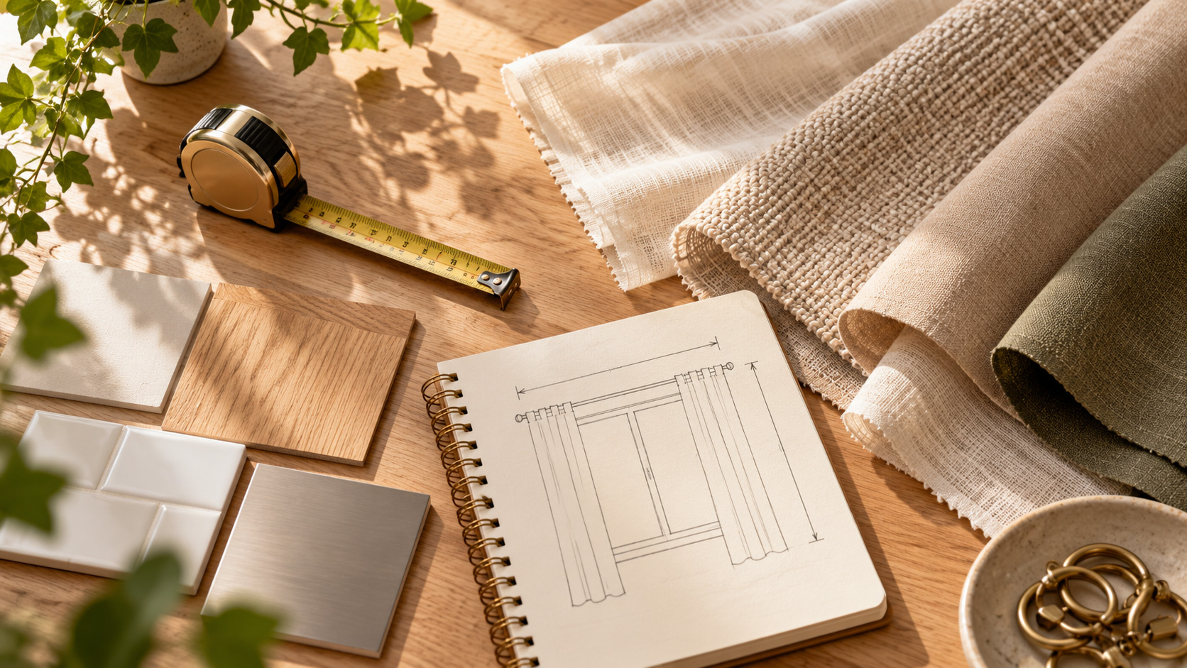 Tape measure, curtain fabric swatches, material samples, and a window sketch arranged for curtain installation planning.