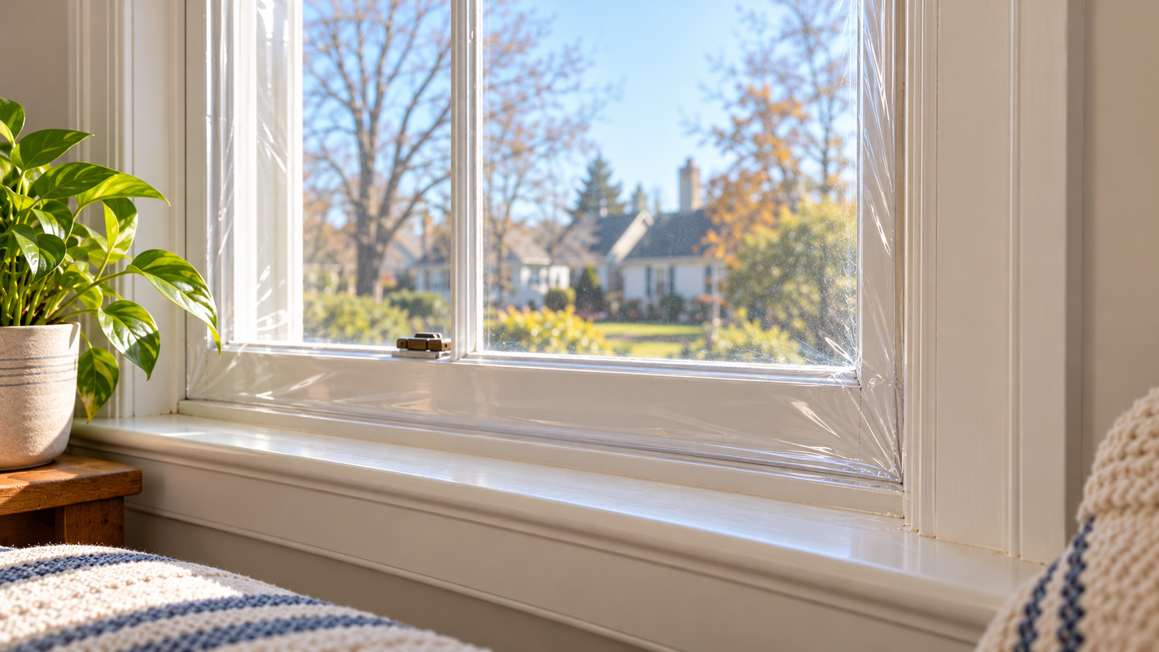 Clear shrink film attached to interior window trim with a smooth, taut finish over the window opening.