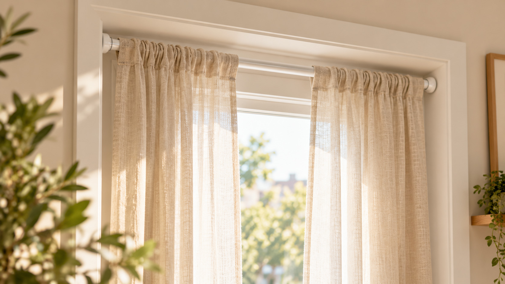 Beige linen curtains hanging from a tension rod fitted inside a recessed window.