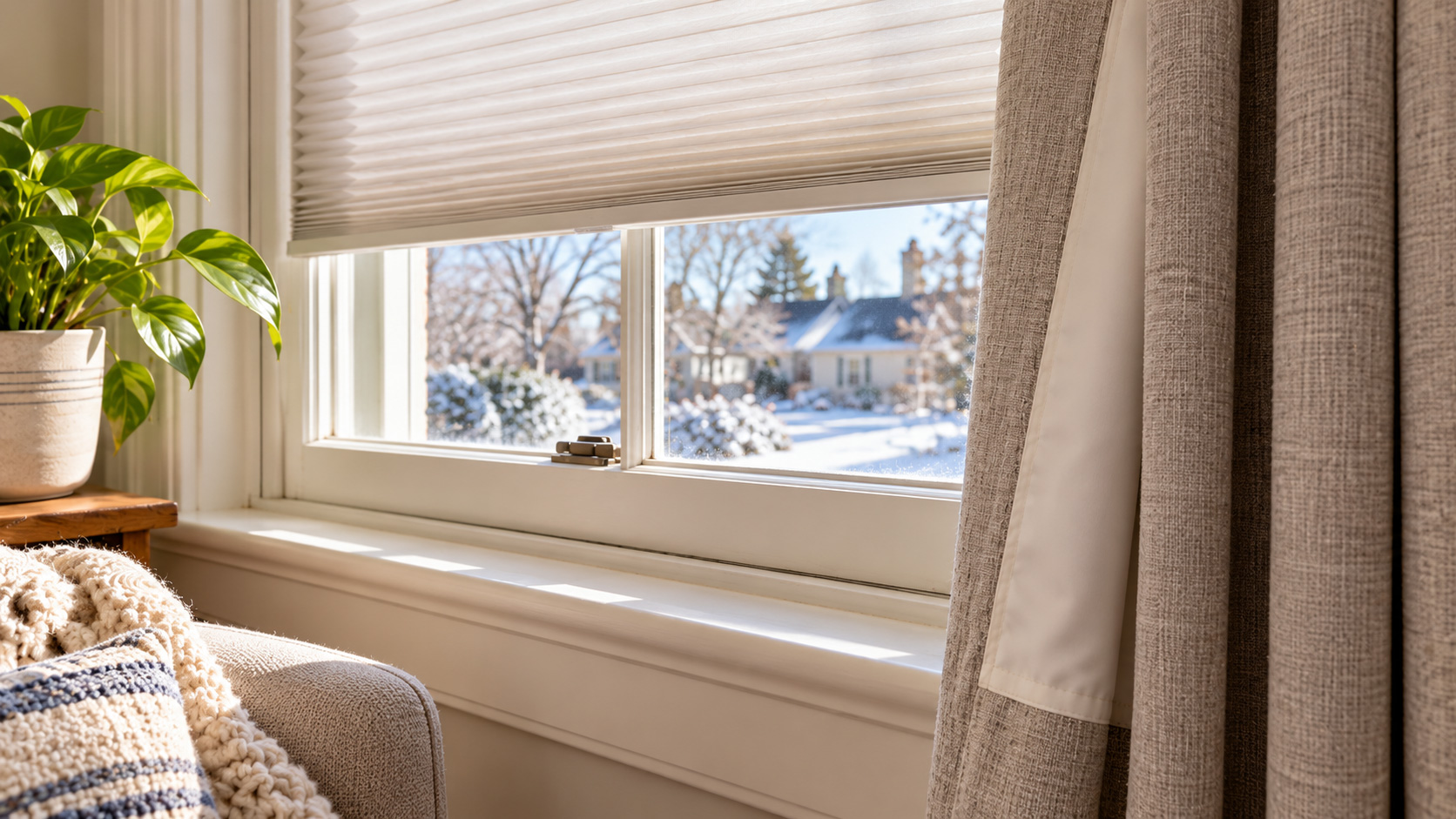 A residential window with clear insulation film and a lined curtain pulled to the side, leaving window hardware visible.