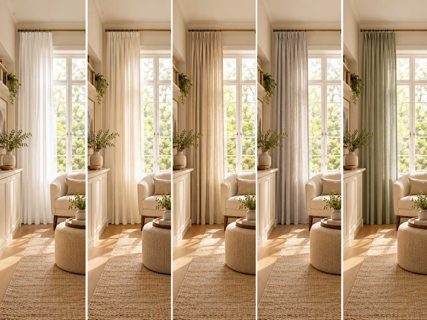Small room with light neutral curtains that enhance natural light and create a more spacious feeling