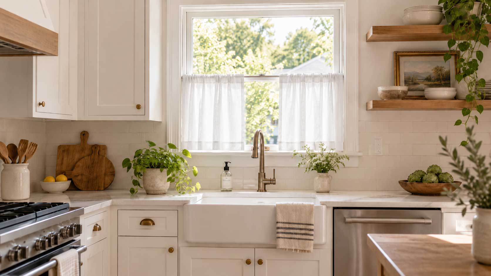 Comparison of cotton linen and sheer fabrics used for cafe curtains in a bright kitchen window design