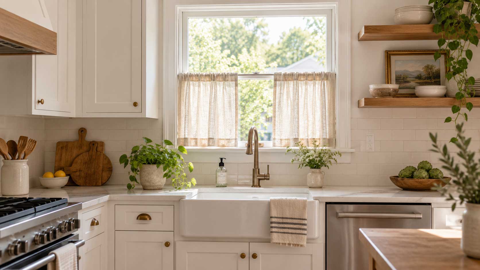 Small kitchen window decorated with linen cafe curtains that provide privacy while allowing natural light into a modern farmhouse kitchen