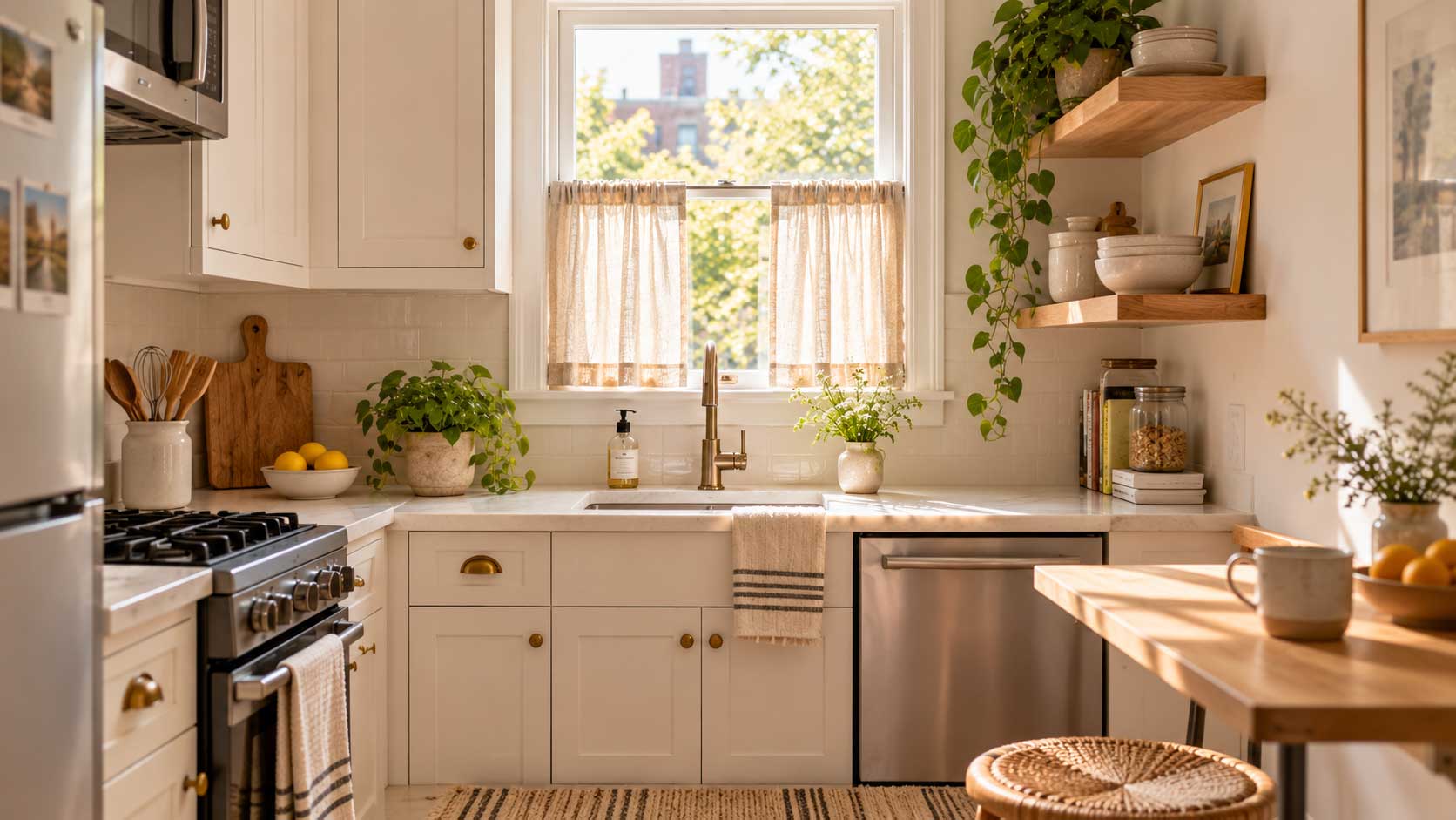 Comparison between cafe curtains and roman shades showing two different small window treatment styles