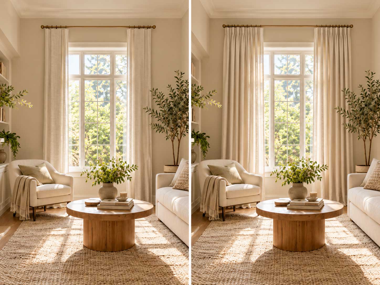 Comparison showing correct curtain fullness and width for a professionally styled window
