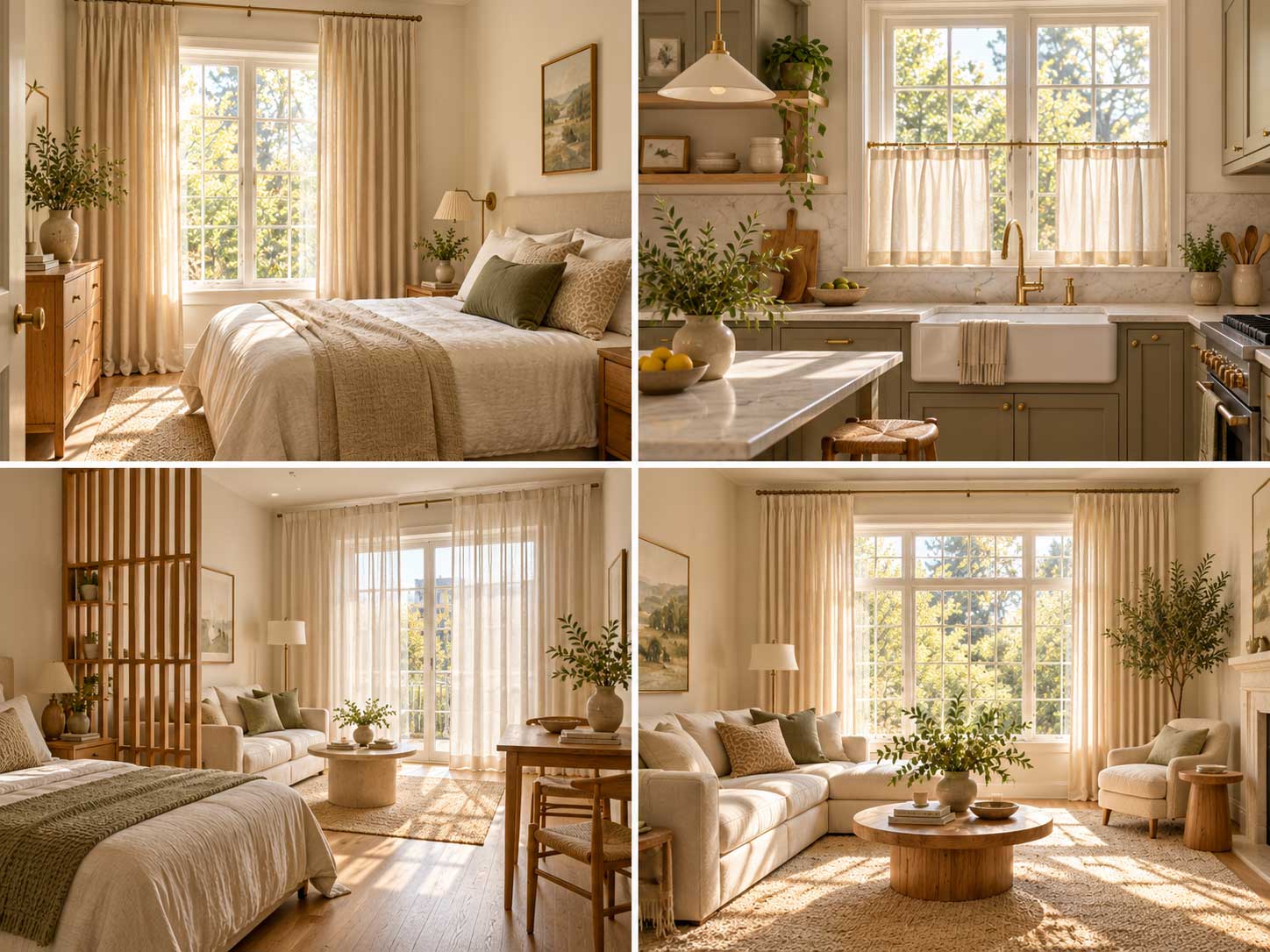 Small room using curtains and mirrors to reflect natural light and create a larger appearance