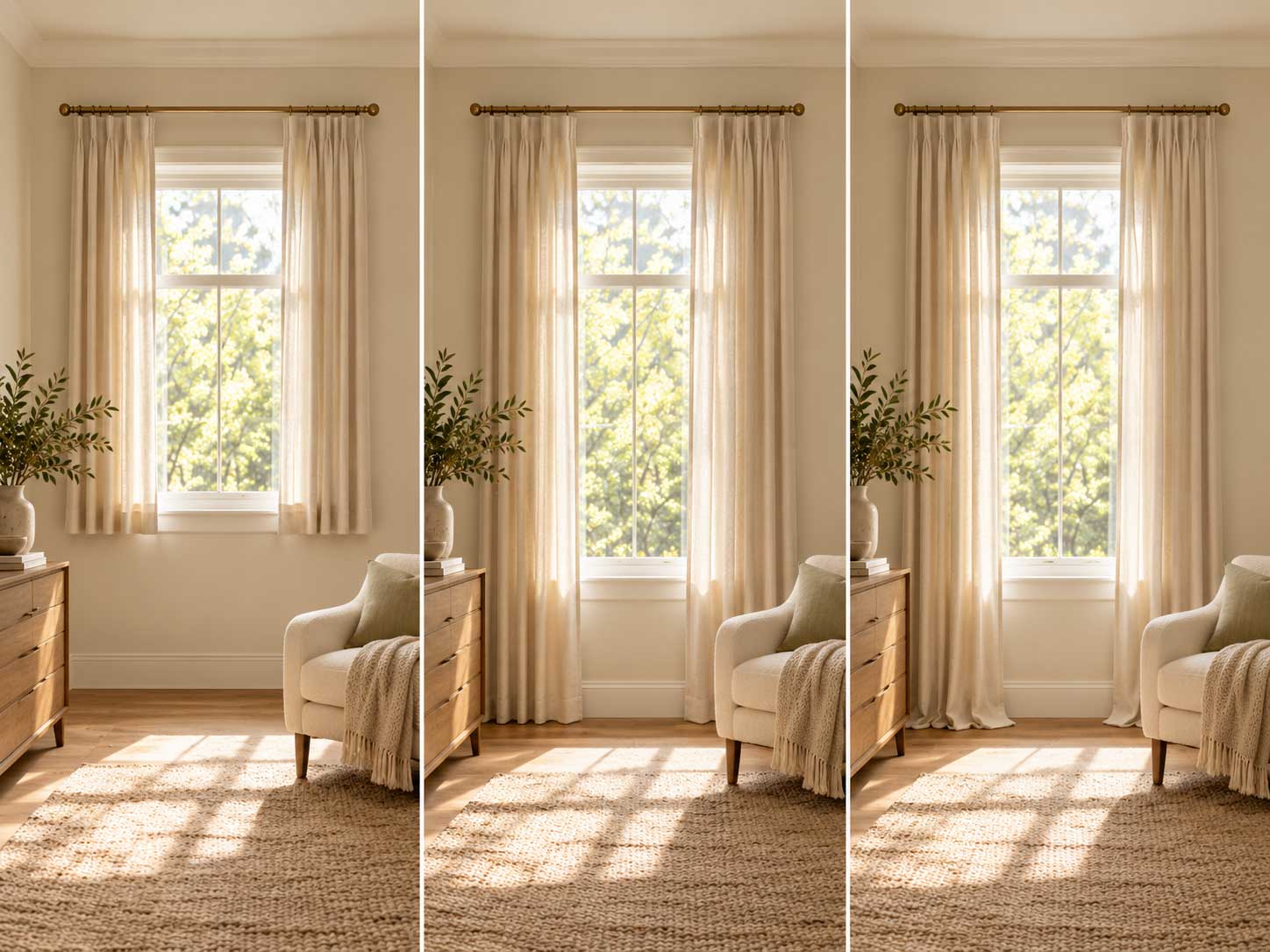 Small bedroom comparison showing floor-length curtains creating a taller and more spacious appearance