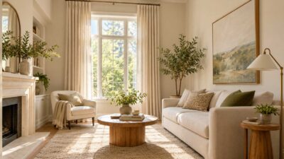 Small living room with floor-length curtains that create the illusion of a larger and brighter space