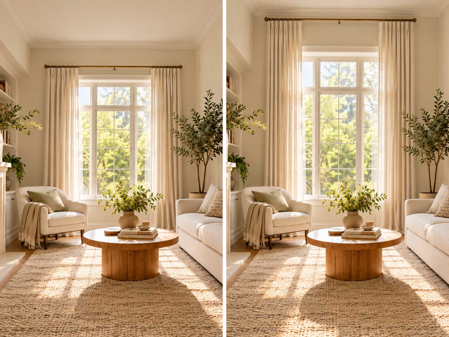 Comparison showing curtain rod placement higher above the window to make a small room appear taller