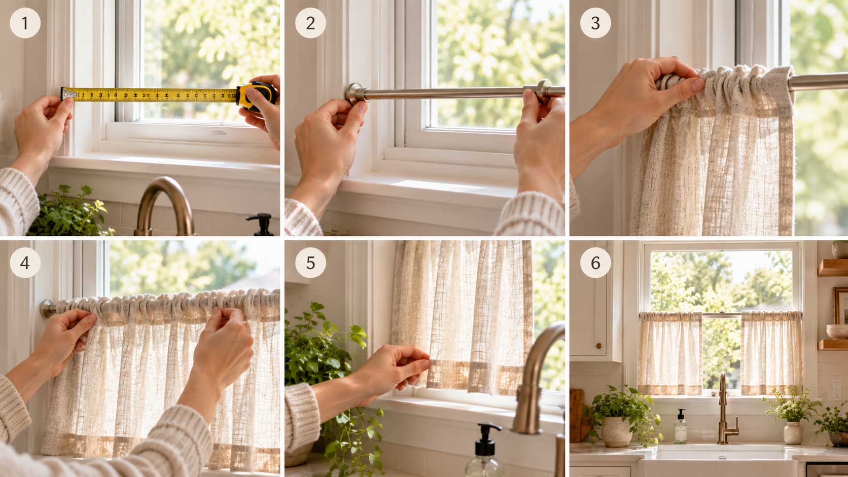 Step by step installation process showing how to measure a window and hang cafe curtains using a curtain rod