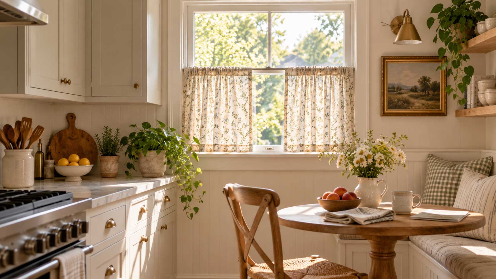 Small kitchen decorated with printed cotton cafe curtains adding pattern and personality to the window area