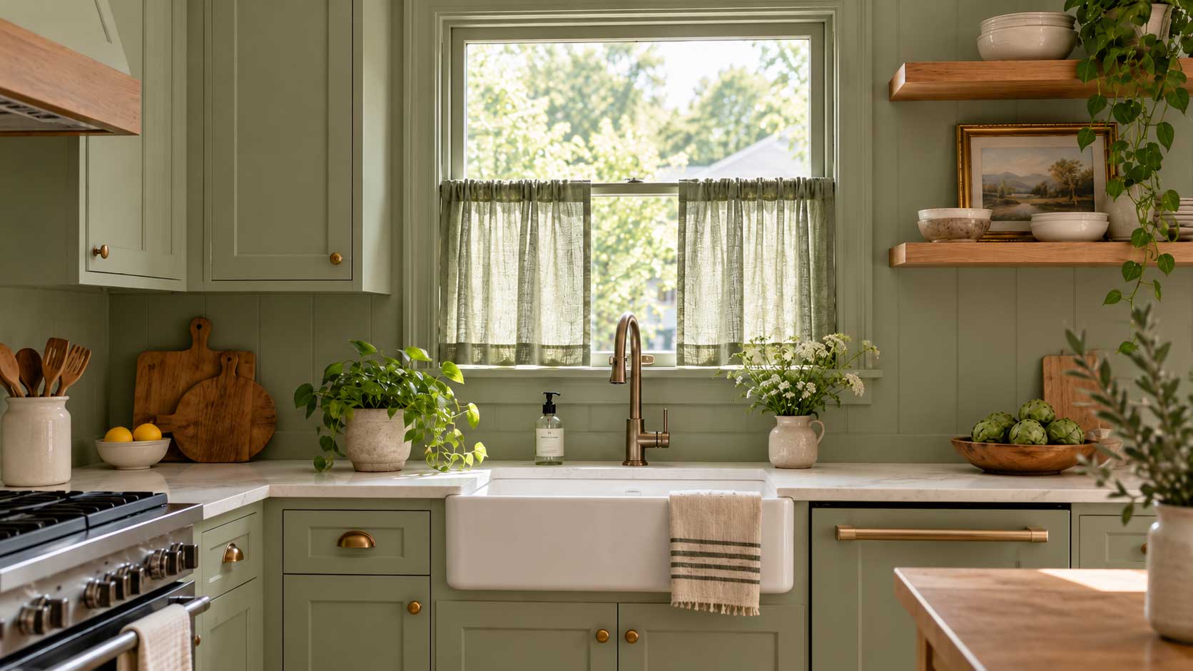 Sage green kitchen featuring matching cafe curtains that create a cohesive small space interior design