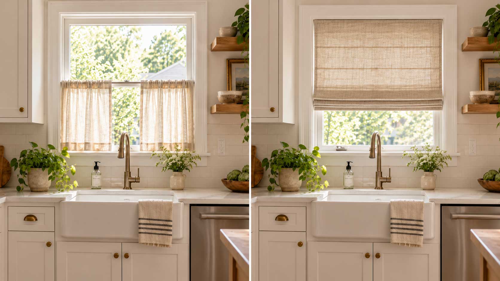 Small apartment kitchen with cafe curtains installed on a window to maximize privacy and natural light