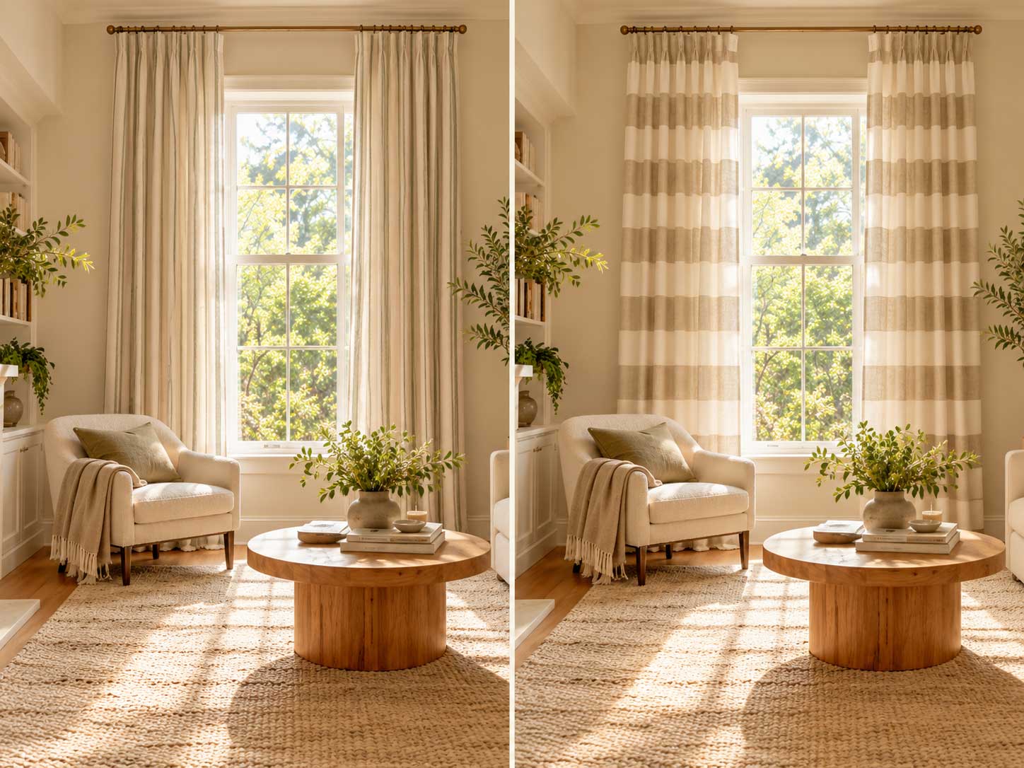 Comparison of vertical and horizontal curtain patterns showing how vertical lines make rooms appear taller