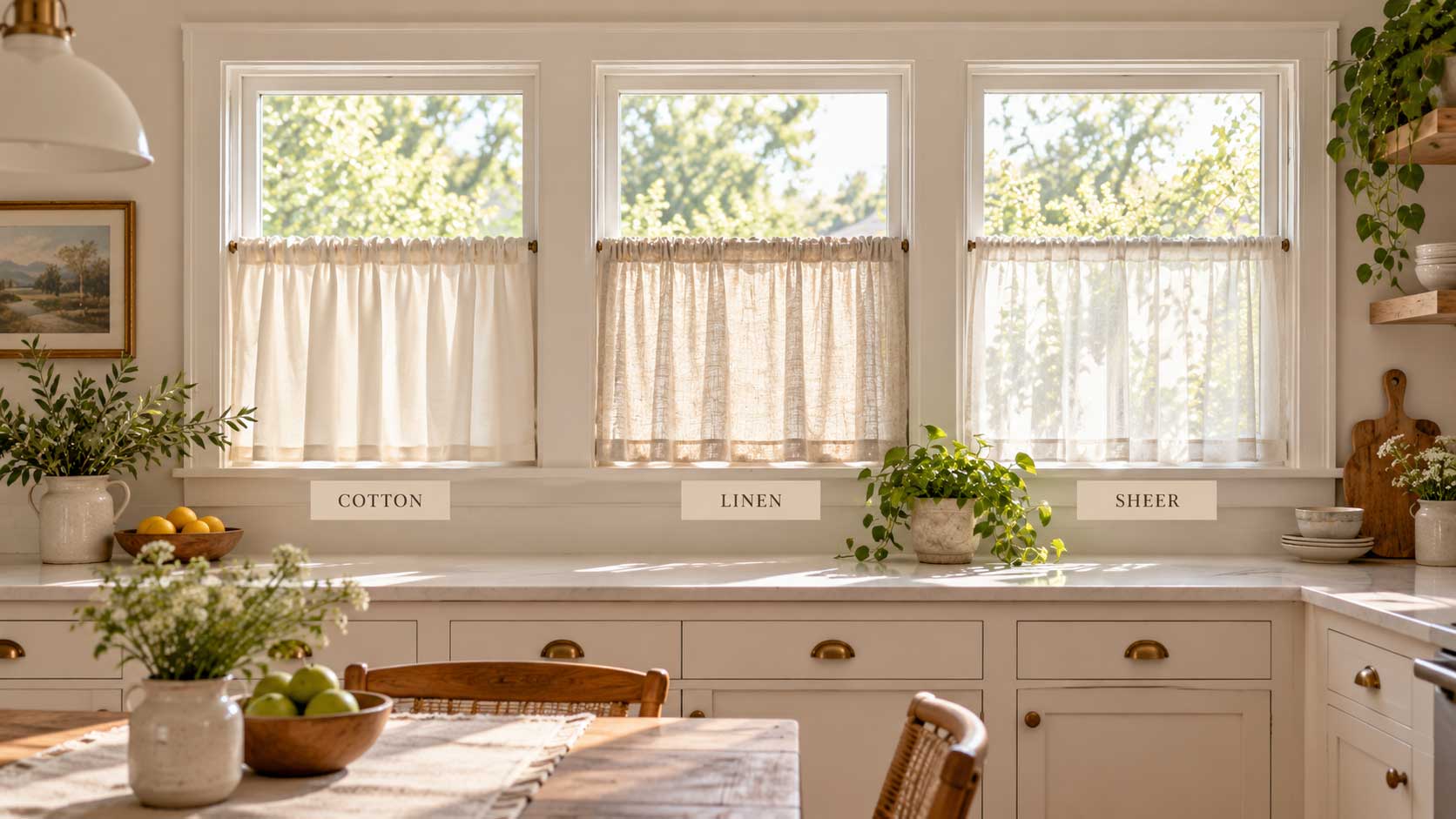 White cafe curtains covering the lower half of a kitchen window while leaving the upper area open for natural light